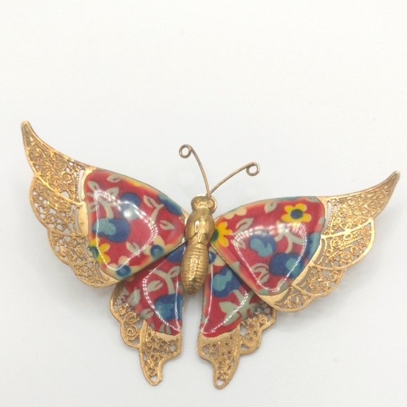 Colorful Butterfly Brooch with Gold Accents Floral Red Enamel Retro Boho 80s - Picture 1 of 6
